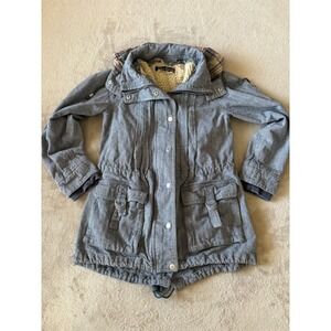 Free People Sz 2 Hooded Anorak Jacket Sherpa Lined Drawstring Waist Pockets Blue